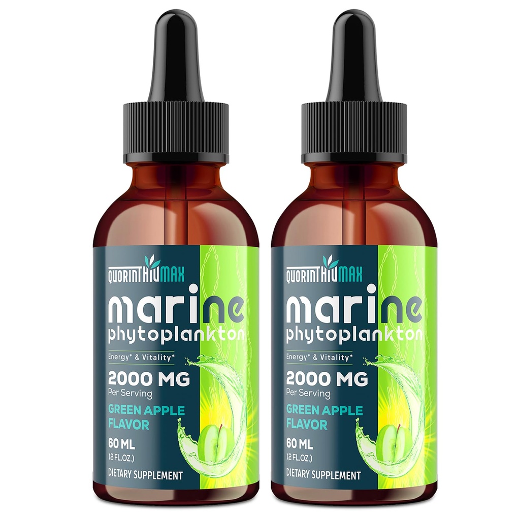 Marine Phytoplankton Drops 2000mg - High Absorption Phytoplankton Supplement with Wheatgrass & Fo-ti for Cellular Wellness, Hair Growth, Energy & Immunity - Green Apple Flavor, 2 fl oz (Pack of 2)