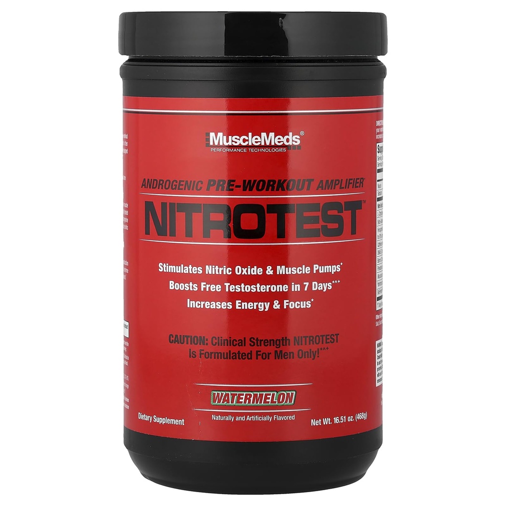 MuscleMeds Nitrotest Pre-Workout Supplement Drink, Boost Nitric Oxide, Testosterone, Watermelon, 30 Servings, 1.03 Pound, 1 Count