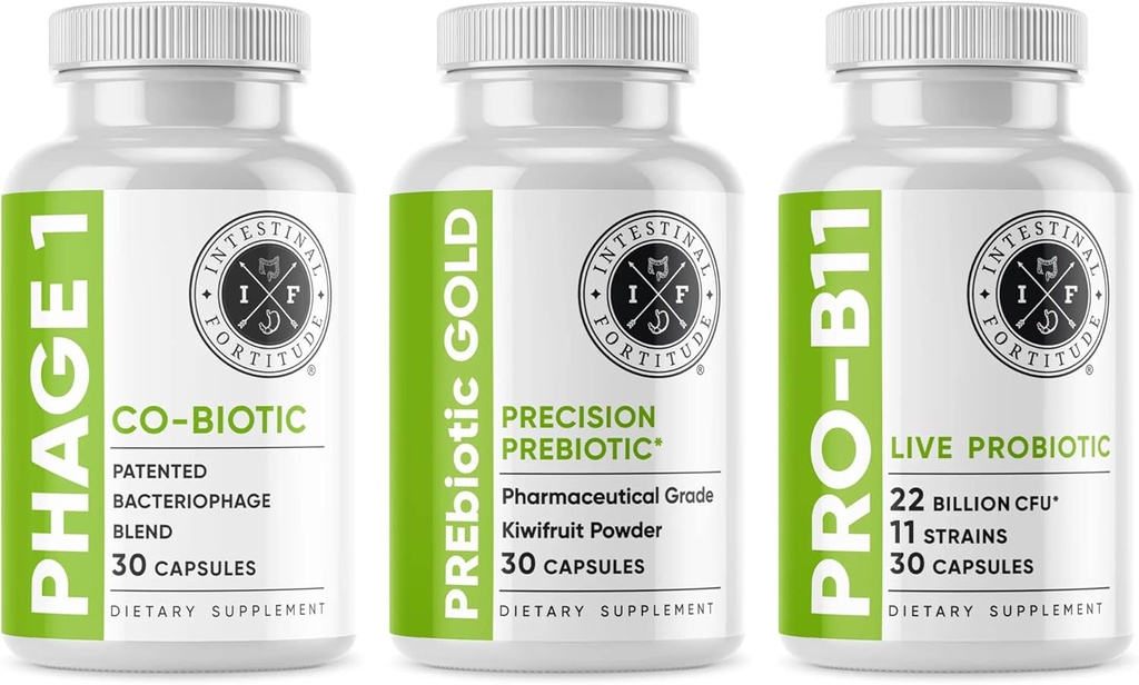 Suoliston Fortitude Gut Health Supplement Bundle - Prebiootti kulta, PRO-B11, Phage 1 - w/Gold Guith Fruit Pectin, SCFAs, ja 22 miljardia PMY Microbiome Support, Gluteeni, soija, & Dairy-vapaa kapselit