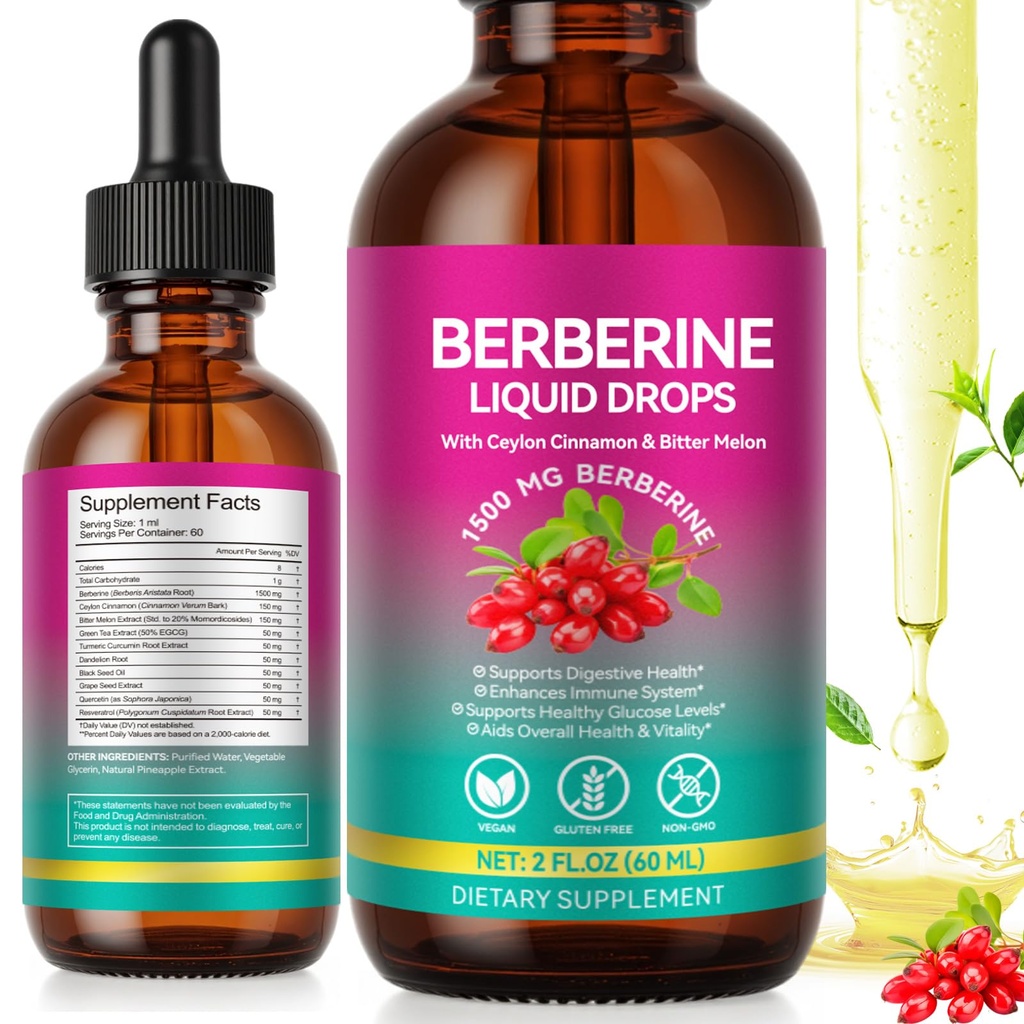 Berberine Supplement Liquid 60ml, Berberine with Ceylon Cinnamon, Berberine Drops with Turmeric Curcumin, Bitter Melon, Immune Support, Digestive Health Support
