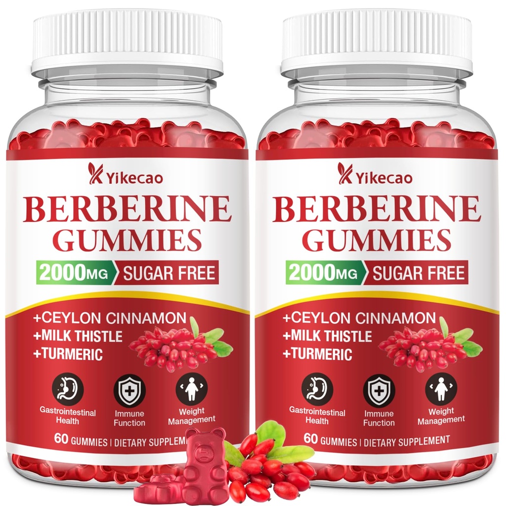 2 Pack Berberine Gummies with Ceylon Cinnamon, 2000mg Berberine HCL Supplement for Women & Men, Sugar Free, Vegan, Non-GMO, Gluten-Free, Raspberry Flavor-120 Count