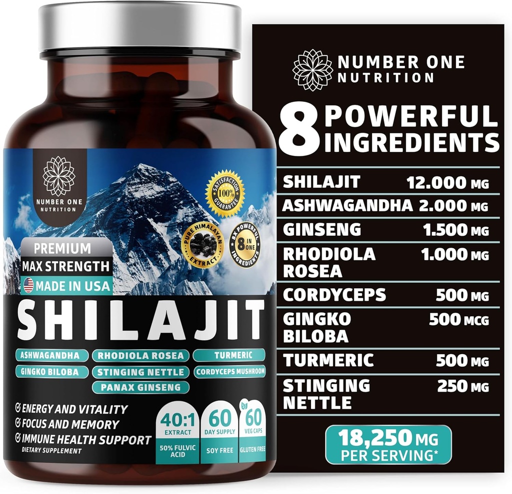 Himalaya murni Shilajit untuk Perempuan dan Pria [50% Fulvic Acid] Lebih baik daripada Resin dengan Ashwagandha, Ginseng, Turmeric, Gingko Biloba, Stinging Nettle, Cordyceps untuk mendukung Energi & Imunitas, 60Caps