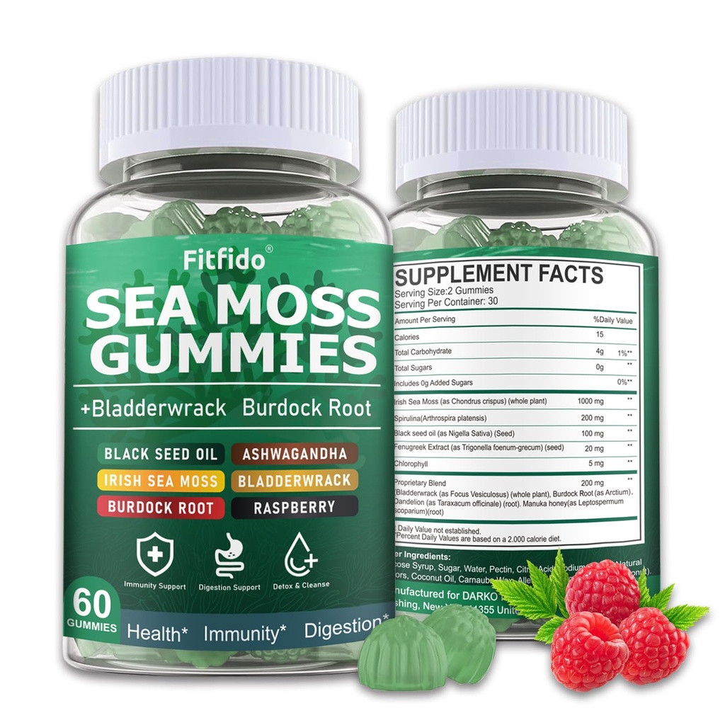 Irish Sea Moss Gummies 3000mg with Bladderwrack, Burdock Root & Manuka Honey - Supports Overall Wellness - Sugar Free, Vegan - Seamoss Supplement with 105+ Trace Minerals (Raspberry, 60 Count)