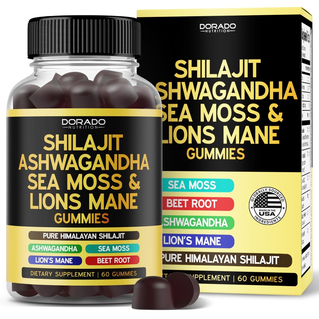 Shilajit Gummies with Sea Moss, Ashwagandha & Lions Mane - (Shilajit Supplement for Men & Women, Energy & Immunity Support ) Third Party Tested, Vegan Safe, NON GMO & Made in USA (60 Gummies)