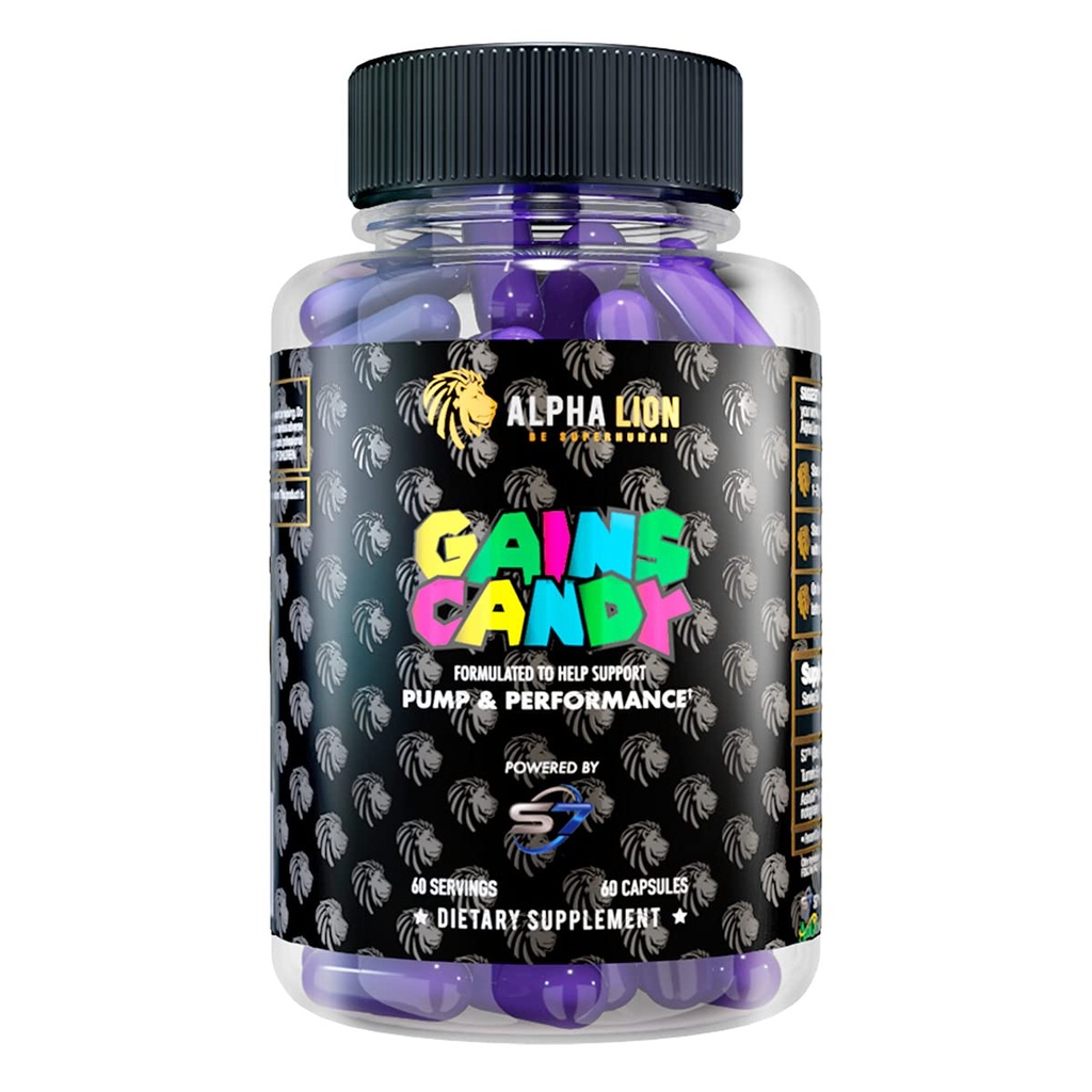 ALPHA LION Gains Candy, Supplement Pills for Muscle Pump & Blood Flow, Nitric Oxide Booster, Supports Mental Focus, Use Daily to Upgrade Workout Performance, 60 Capsules (S7)