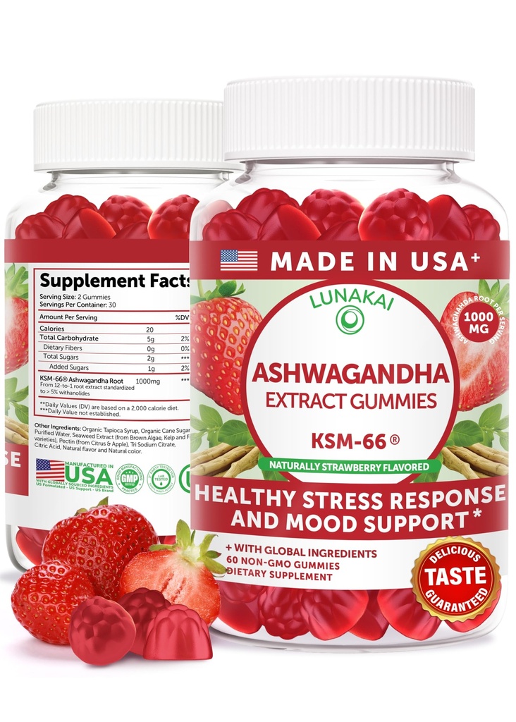 Lunakai USA Made KSM-66 Ashwagandha Gummies for Women & Men – Daily Vegan Supplement for Stress, Mood & Sleep Support, 60ct
