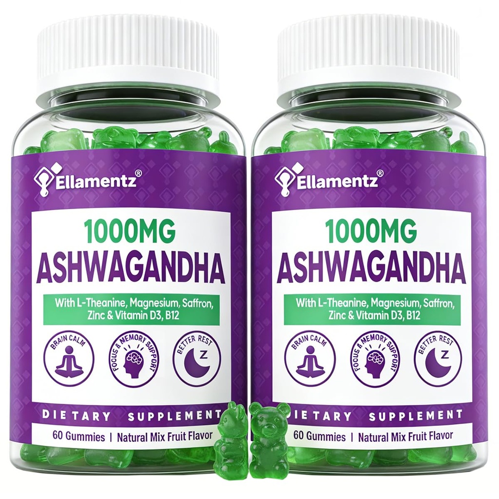 Ashwagandha Gummies 1000mg with L-Theanine & Magnesium -Calm Gummies with Vitamin D3, B12 & Zinc Support Relaxation, Daily Mo♡d Balance, Night Rest, Sugar Free,120 Counts