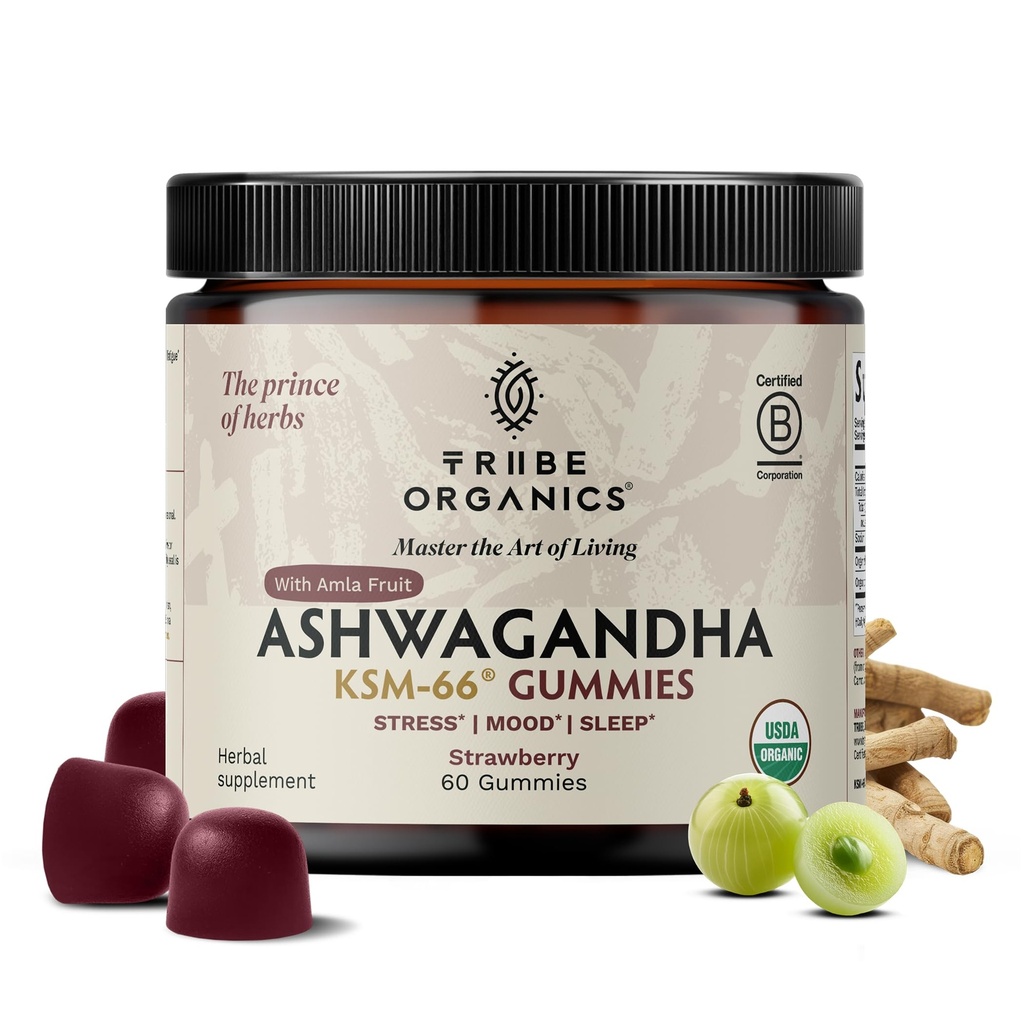 TRIBE ORGANICS Ashwagandha Gummies with Amla Fruit - 60 Count - Ashwagandha KSM-66 Gummies - Ashwagandha Supplements for Women and Men - Stress Relief and Energy Boost with Vitamin C for Adults