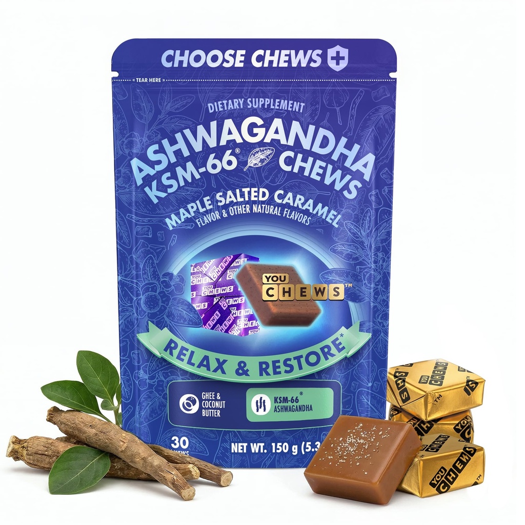 Organic Ashwagandha KSM-66 Gummy Chews, 325mg per Chew, Maple Salted Caramel, Low Sugar Soft Chew Alternative to Capsules and Pills, Stress and Mood Support, YouChews, 30 Count