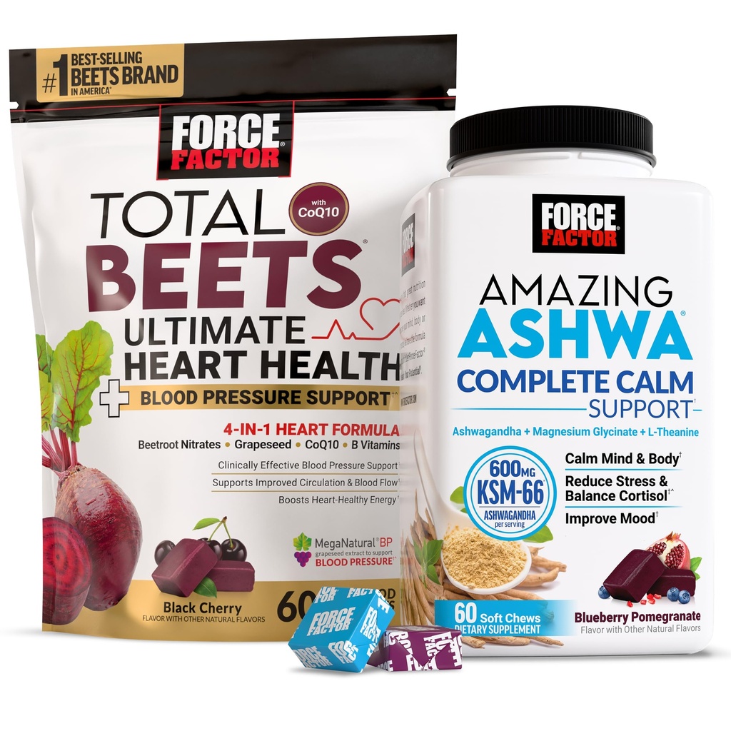 Force Factor Amazing Ashwa Complete Calm Support with KSM-66 Ashwagandha Total Beets Ultimate Heart Health Blood Pressure Support Chews with CoQ10, 120 Soft Chews
