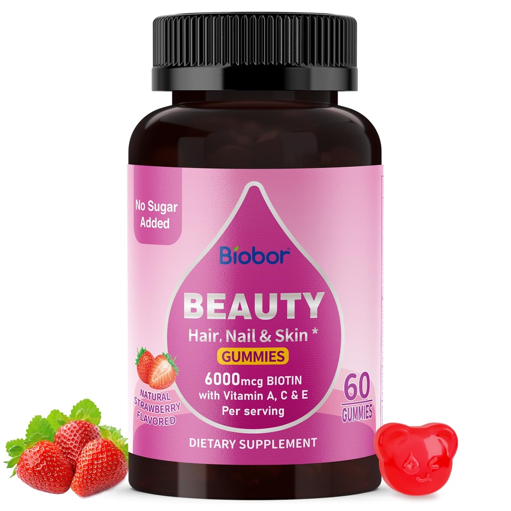 Biobor Natural 6000mcg Biotin Gummies No Sugar Added, Hair Skin and Nails Beauty Gummies with Vitamins A C E for Women Men, GMO Free, Gluten Free