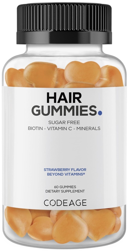 Codeage Hair Gummies, Biotin 5000 mcg, Sugar Free Growth Gummy Vitamins A, C, B6, B12, D3, Zinc, Inositol Supplement, Women & Men, Pantothenic Folic Acid, Nails, Skin, Strawberry Coconut Flavor, 60 ct