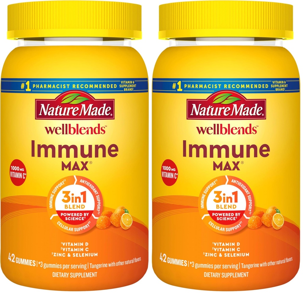 Nature Made Wellblends ImmuneMAX Gummies,Vitamin C,Zinc,and Vitamin D3,Immune Support Supplement,42 Tangerine Flavor Gummies,(Pack of 2)
