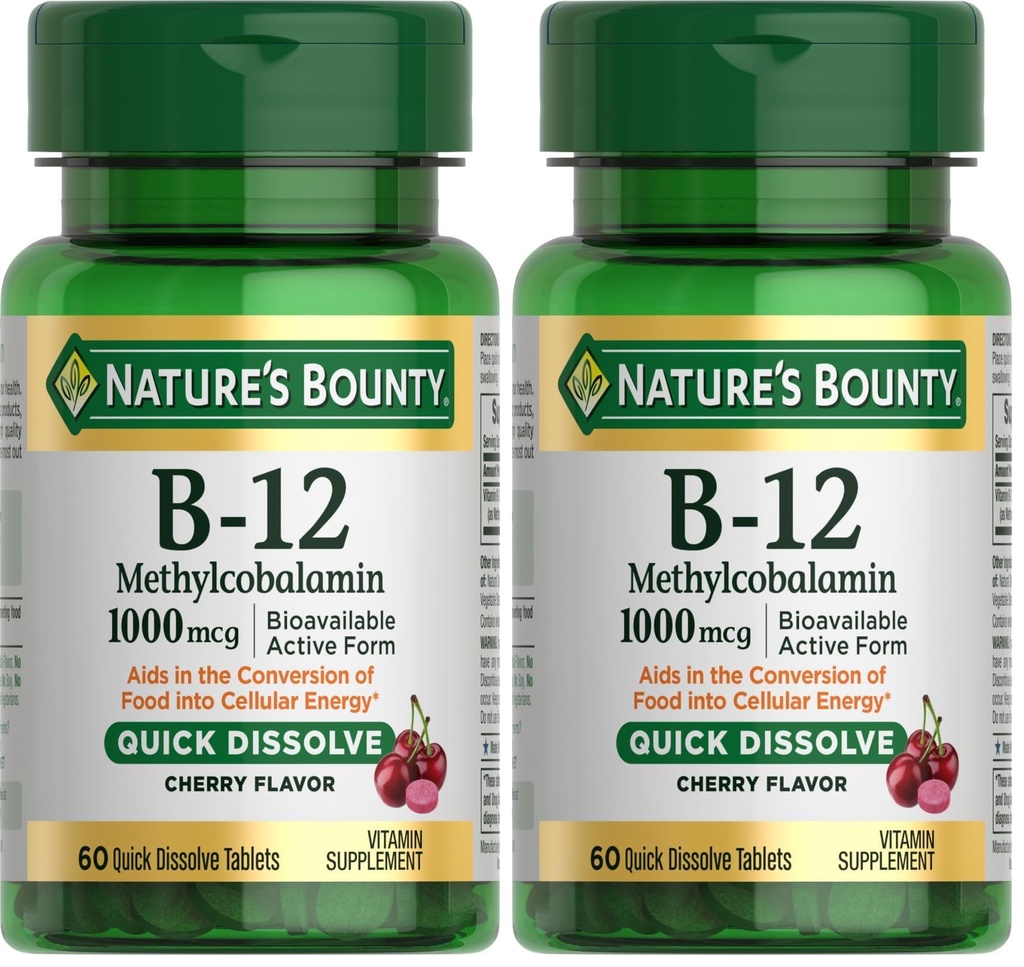 Nature's Bounty Vitamin B-12 Quick Dissolve Tablets,1000mcg,Aids in the Conversion of Food into Cellular Energy,Cherry Flavor,60ct,(Pack of 2)
