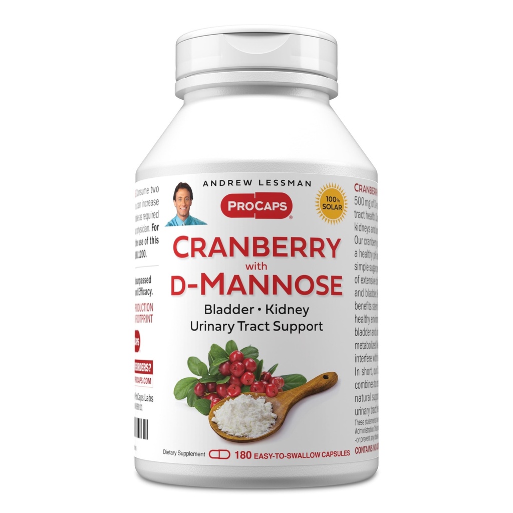 ANDREW LESSMAN Cranberry with D-Mannose - 180 Capsules - Supports Bladder, Kidney and Urinary Tract Health. High Potency Standardized Cranberry Concentrate and D-Mannose. Easy to Swallow Capsules