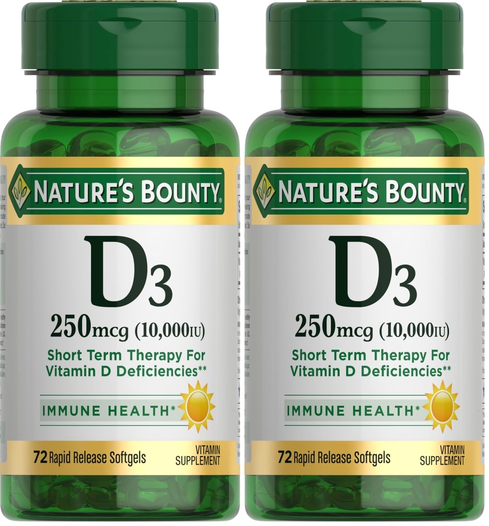 Nature's Bounty Vitamin D for Immune Support, Vitamin D Provides Immune Support and Promotes Healthy Bones, 10000IU, 72 Softgels (Pack of 2)