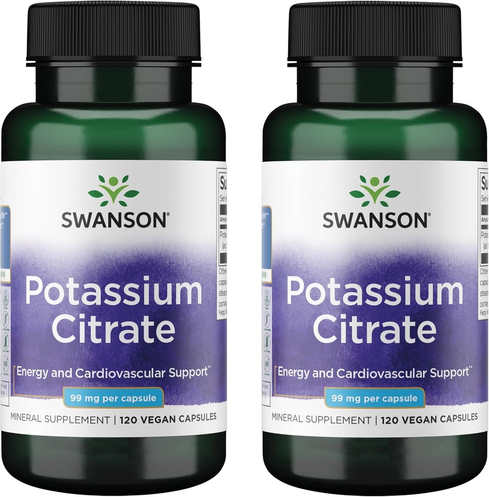 Swanson Potasium Citrate - Mineral Suplemen Dukungan Kesehatan & Energi Hati - Aids Optimal Nerve & Kidney Fungsi dengan Ingredisasi Alam - (120 Capsules, Masing-masing) (2 Pack)
