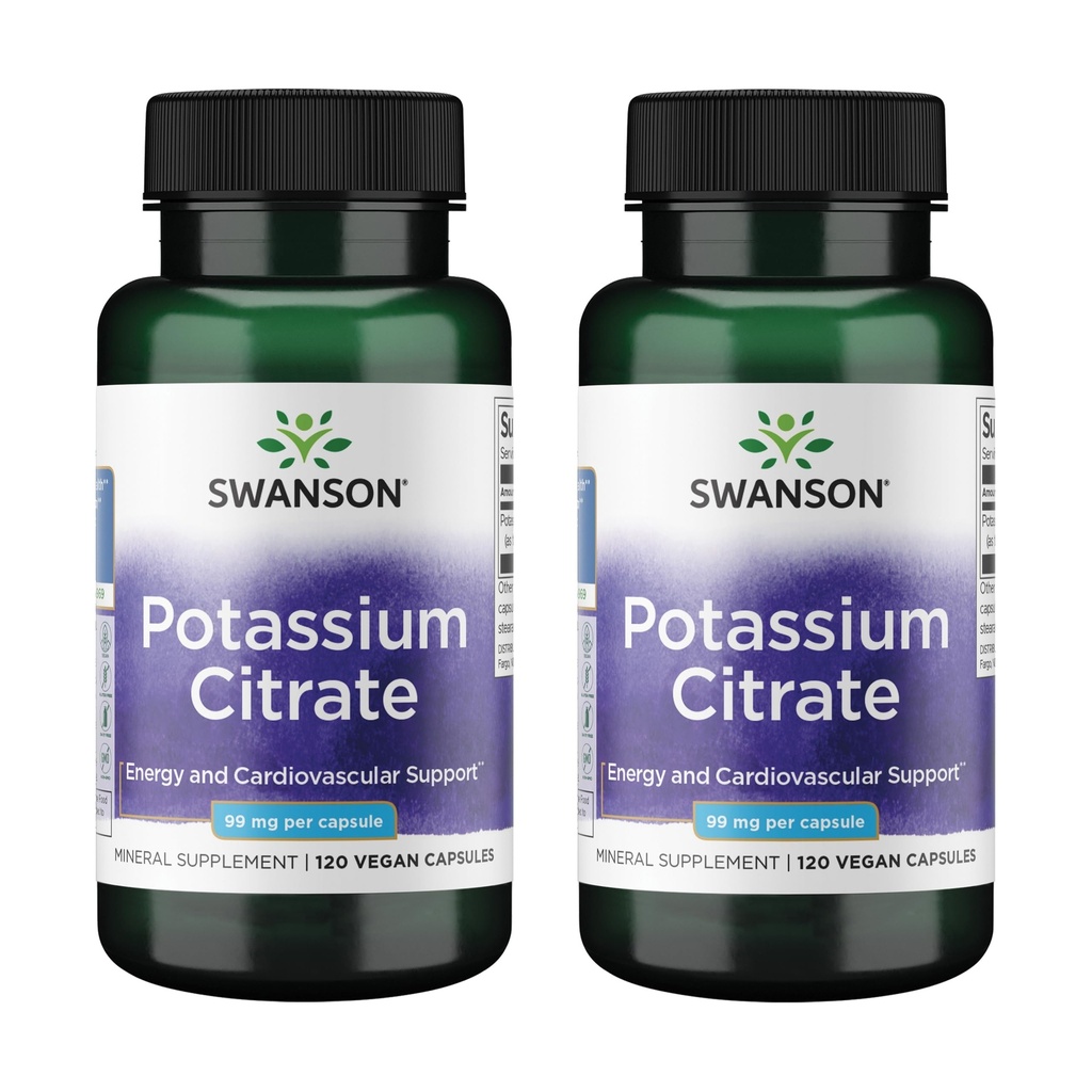 Swanson Potassium Citrate - Mineral Supplement Promoting Heart Health & Energy Support - Aids Optimal Nerve & Kidney Function with Natural Ingredients - (120 Capsules, 99mg Each) (2 Pack)