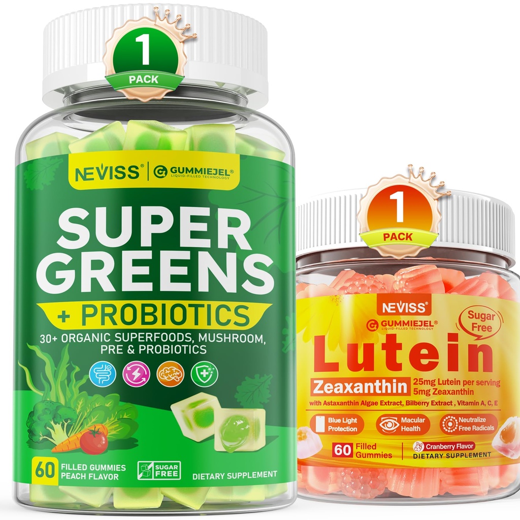 NEVISS Super Greens Gummies 60 Count + Lutein Gummies 60 Count