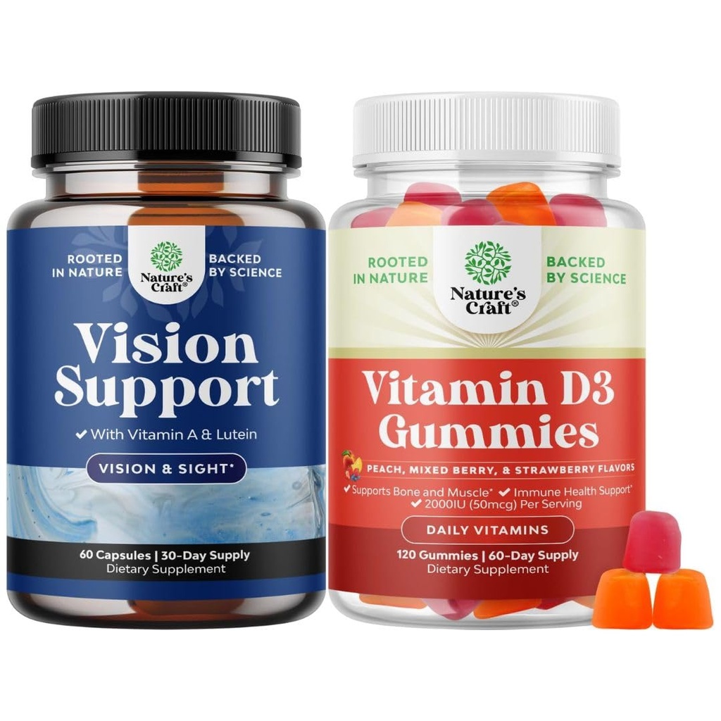 Bundle of Complete Eye Health Supplement for Adults - Lutein 20mg Per Serving for Vision Dry Eyes & Blue Light Protection and Vitamin D3 Gummies with D3 2000IU per Serving Bone Muscle & Immune Support