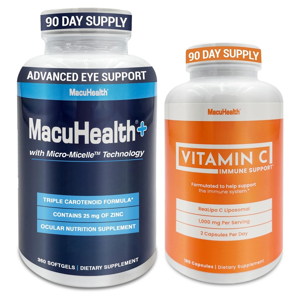 Macuhealth Plus+ Eye Vitamins with Lutein, Zeaxanthin & Meso-Zeaxanthin Combined with Liposomal Vitamin C 1000mg with Fat-Soluble Antioxidants to Support Eye, Brain & Overall Health – 3-Month Supply