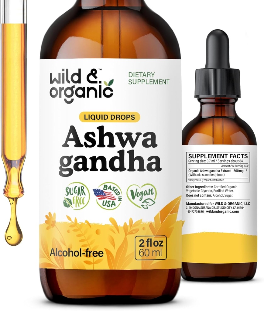 Wild & Organic Ashwagandha Liquid Drops - Calming Ashwagandha šaknų ekstraktas poilsiui - 1-mėnuo tiekimas - Žolinių papildai moterims ir vyrams - Veganas, Cukrus ir alkoholis - Nemokama tinktūra - 2 fl oz