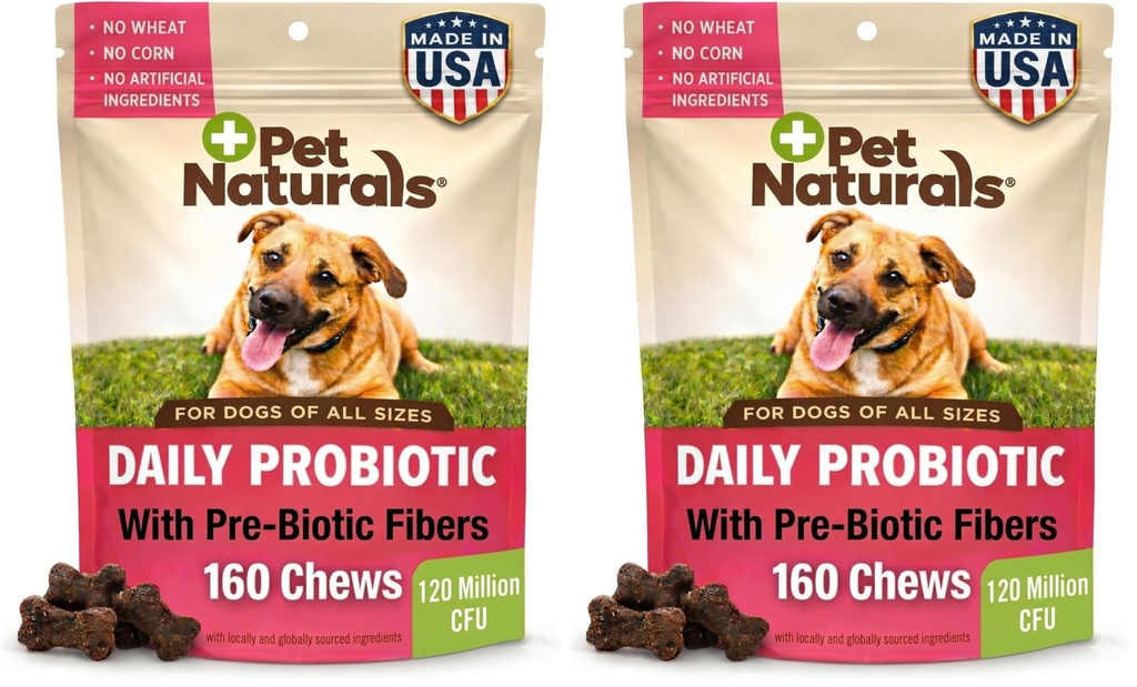 Pet Naturals Daily Probiotic for Dogs,Duck Flavor,160 Chews - 120M CFUs Pre and Probiotics for Dogs Digestive Health,Gut Health,Immune Support,Diarrhea,Allergies and Itching,(Pack of 2)