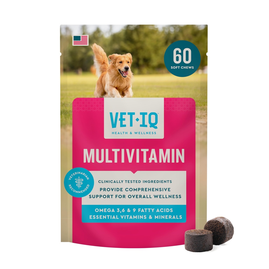 VetIQ Multivitamin Supplement for Dogs, Supports Active Brain Function, Immune System, and Digestive System, Hickory Smoke Flavored Dog Multivitamin, Made in the USA, 60 Count