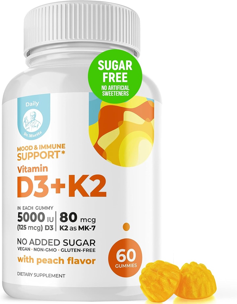 DR MORITZ Vitamin D3 Gummies (5000 IE) med K2 - för vuxna och barn - Vitamin D3 K2 Gummies för immunstöd och benhälsa - Vegan, sockerfri, glutenfri (60 greve)