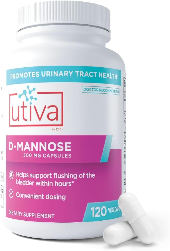 Szio + Utiva D-Mannose 500mg Capsules - Alami Flush The Bladder and Urinary Tract - UTI Avovation - D Mannose Suplemen untuk Perempuan - Mendukung Penyimpangan Tract Uriner Infeksi, 120 Capsules