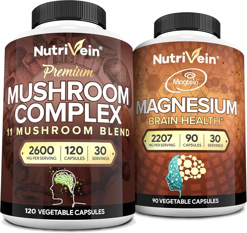 Nutrivein Premium 120 Cap Mushroom Complex 2600mg & 90 Cap Magnesium 2207mg Bundle - 11 Pilze - Lions Mane, Chaga, Reishi, Cordyceps, &amp; More - Immun- & Gehirn-Funktion Plus Memory & Focus