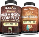 Nutrivein Premium 120 Cap Mushroom Complex 2600mg & 90 Cap Magnesium 2207mg Bundle - 11 Гъби - Lions Mane, Chaga, Reishi, Cordyceps, & More - Имунна и мозъчна функция плюс памет и фокус
