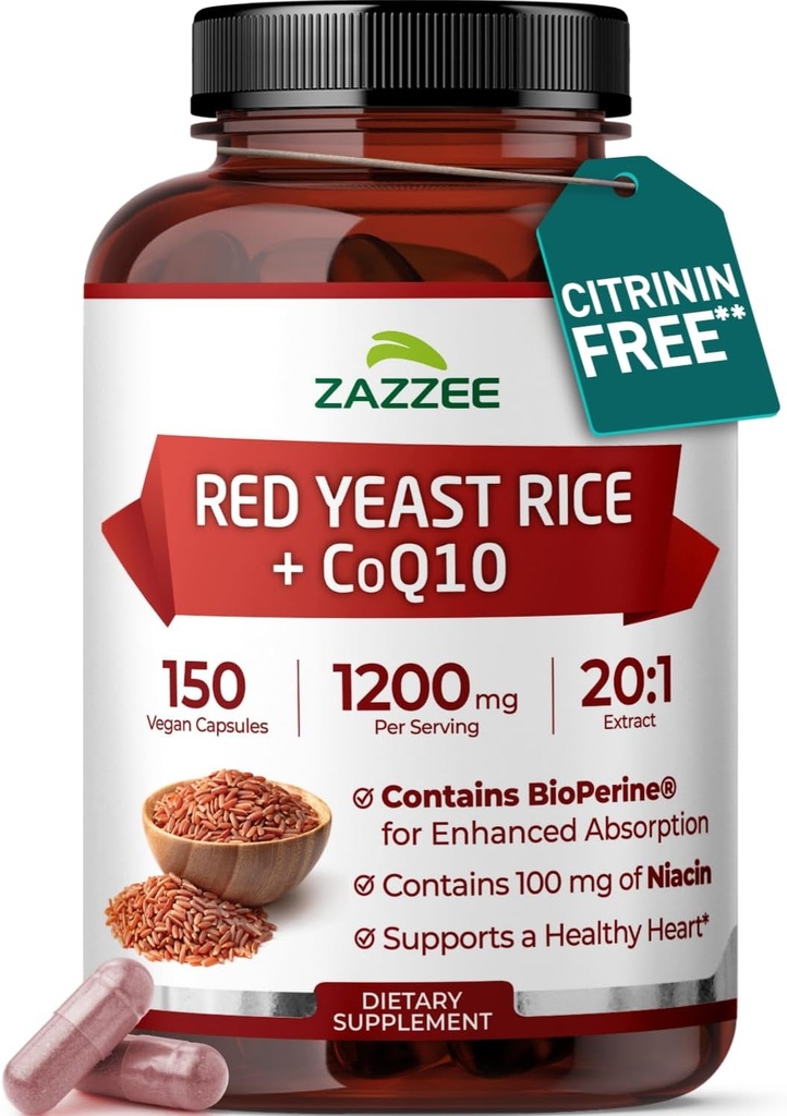 Extra Strength Red Gær Rice med CoQ10 - 20X Koncentreret 1200mg Red Gær Rice Supplement med Niacin CoQ 10 og BioPerine for Enhanced Absorption - Non- GMO Vegan & ISO Lab Testet (75 Serveringer)