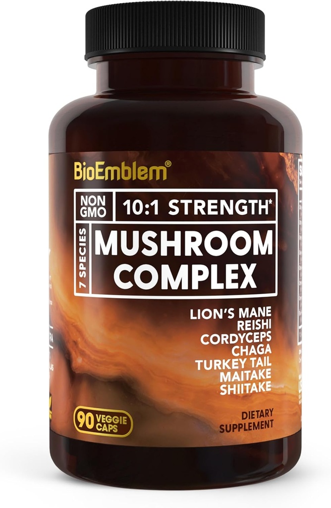 Bio Emblem Mushroom Complex - 10:1 כוח ו 7 מינים - Lions Mane, Reishi, Cordyceps, Chaga, Maitake, Shiitake Mushroom - Immunity, Energy & Focus, Brain - Non-GMO, טבעוני - 90s Caps