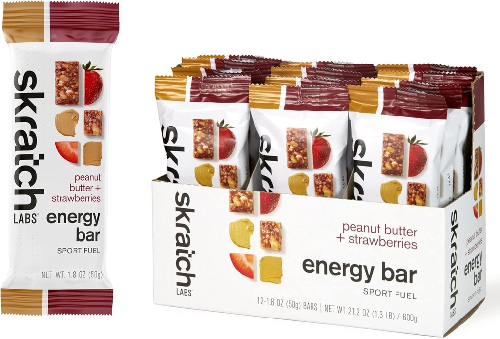 SKRATCH LABS Energy Bar | Peanut Butter + Strawberries (12 pack) | Plant Based Healthy Snack | Low Sugar - 5g Protein | non-gmo, sen glute, libre de soia, vegano, kosher