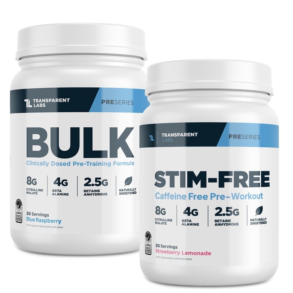 Transparent Labs Bulk Pre-Workout (30 Servings, Blue Raspberry) & Stim-Free Pre-Workout (30 Servings, Strawberry Lemonade)