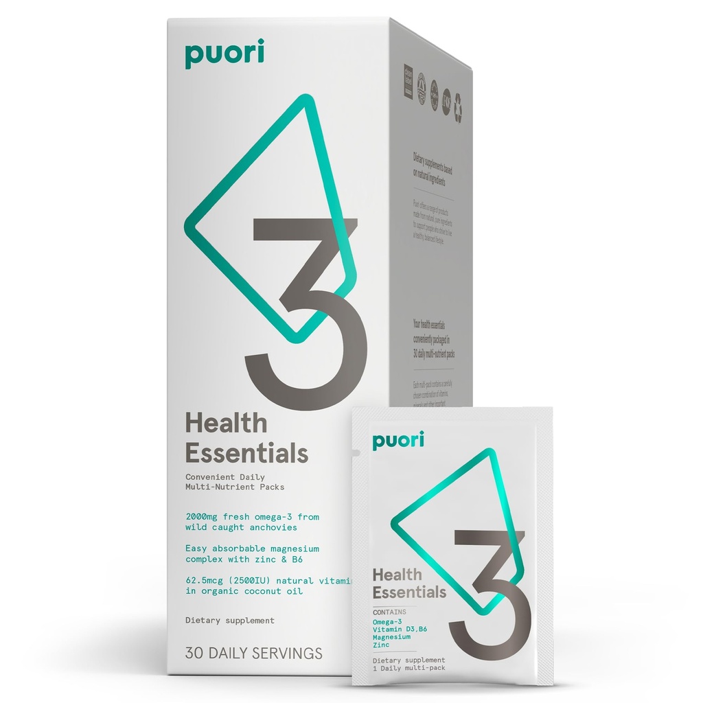 Puori P3 Health Essentials with Magnesium Zinc Complex, Omega 3 Fish Oil & Vitamin D3 Supplements - Men & Womens Daily Multi-Vitamins for Immune System Support & Overall Health - 30 Servings