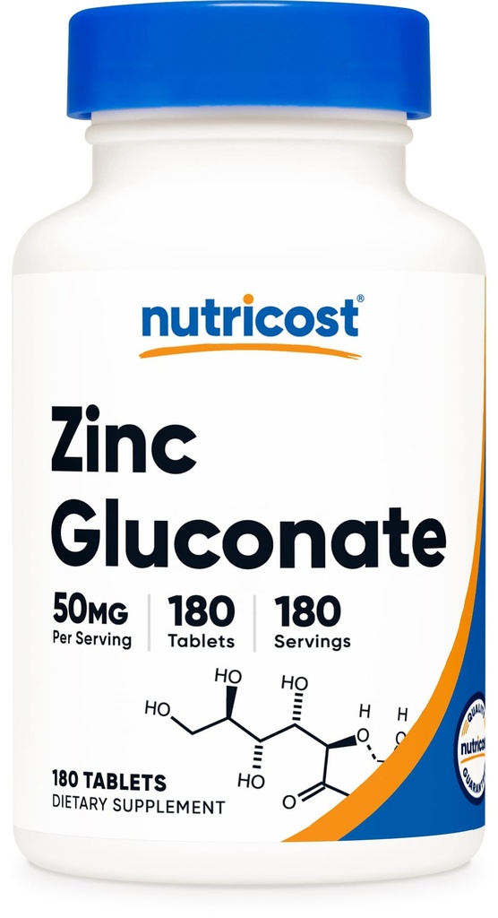 Nutricost Zinc Gluconate 50mg, 180 Tablets - GMO-Free