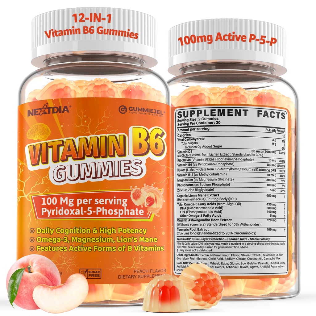 Vitamin B6 Gummies 100mg (P-5-P) + Methyl B12 & Folate, High Potency with Magnesium, Omega-3, Riboflavin, Lion's Mane, Zinc for Cognitive, Nḙrve, Energy, and M♡od & Immune Support, Sugar Free 60 Cts