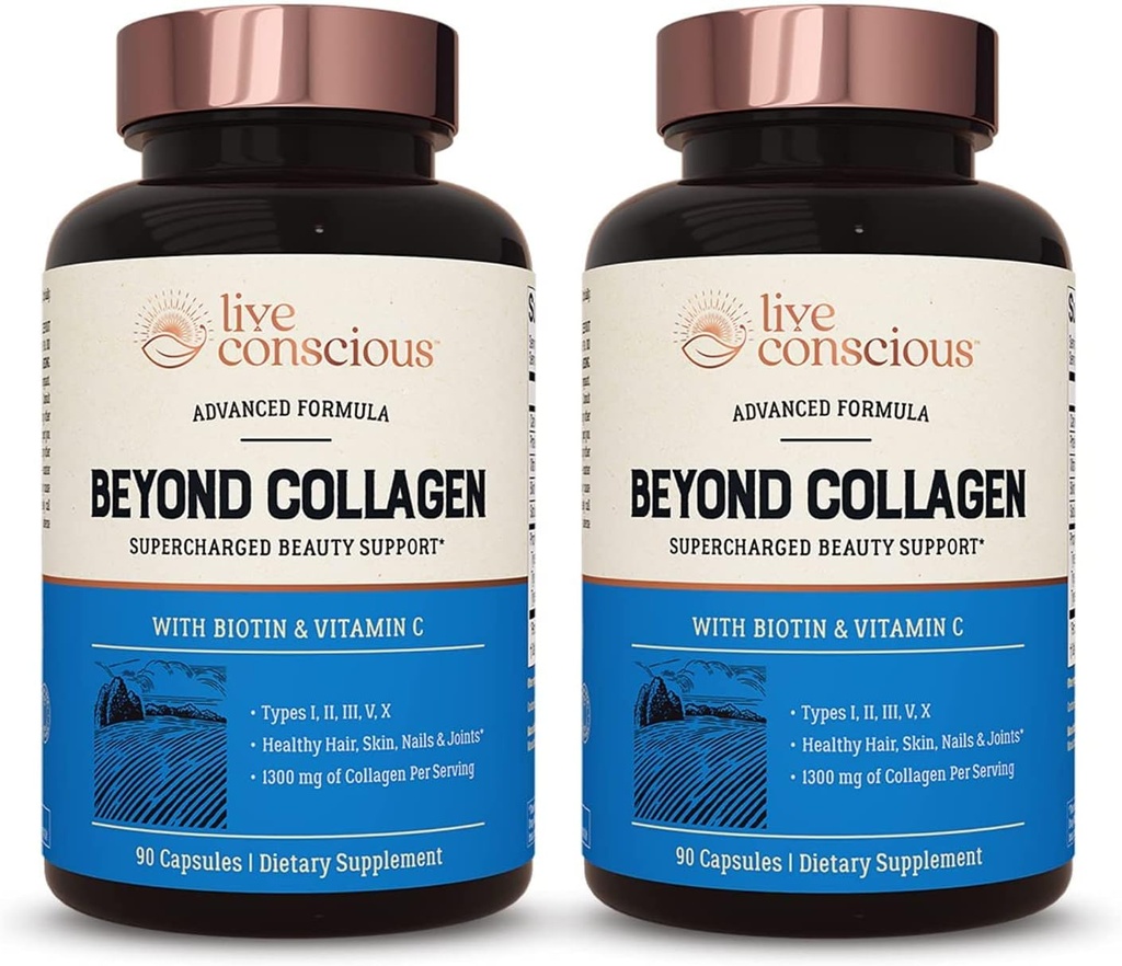 Live Conscious Beyond Collagen Multi Collagen כמוסות - סוגים I, II, III, V & X | hydrolyzed בלנדר עם ביוטין & C עבור שיער, עור, ציפורניים 90 קפסולות (2-Pack)