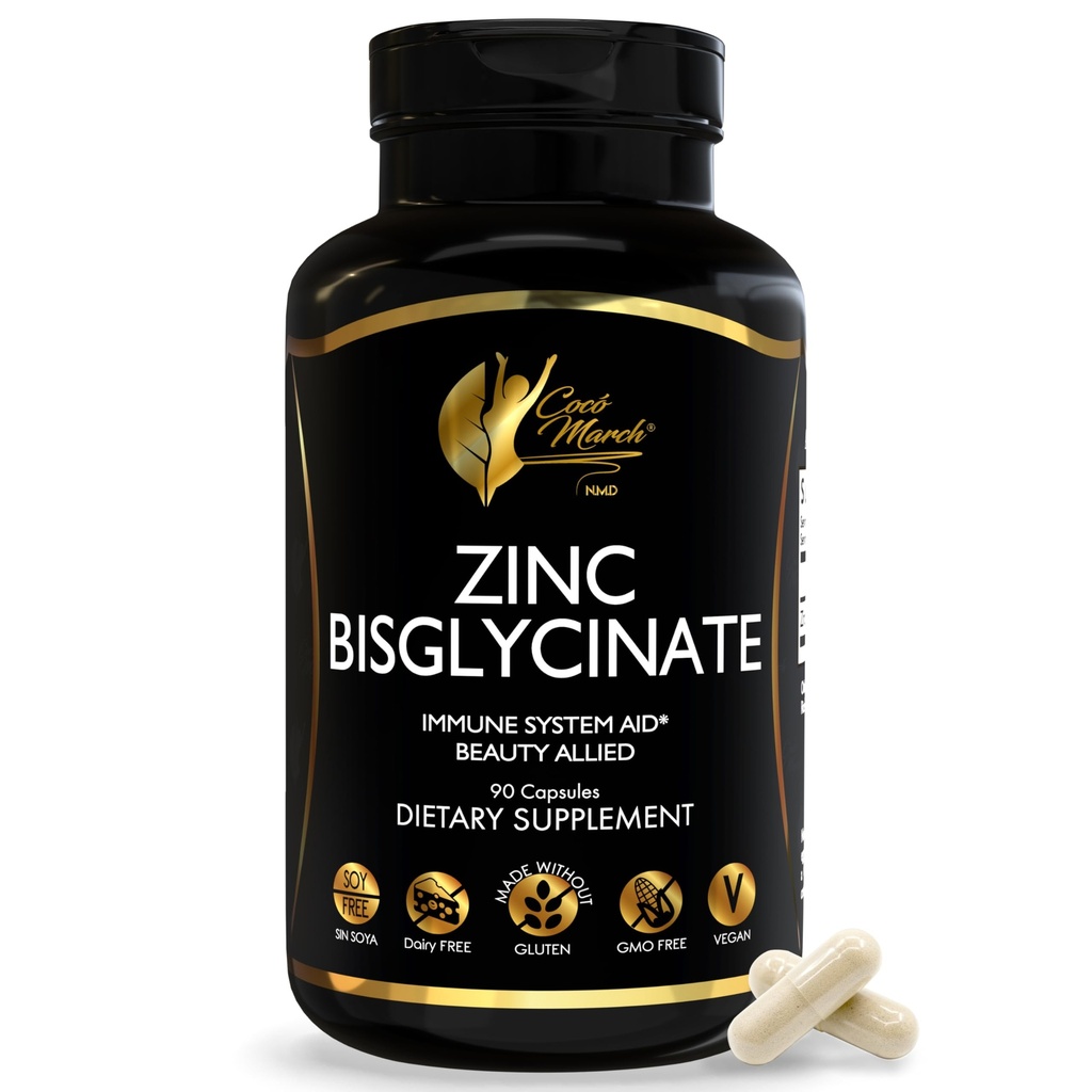 Zinc Bisglycinate By Cocó March - Immune System Aid, Skin Enhancement, Bio-Available Form for High Absorption - Gluten Free, Soy Free, Dairy Free, GMO Free, Vegan - 90 Capsules