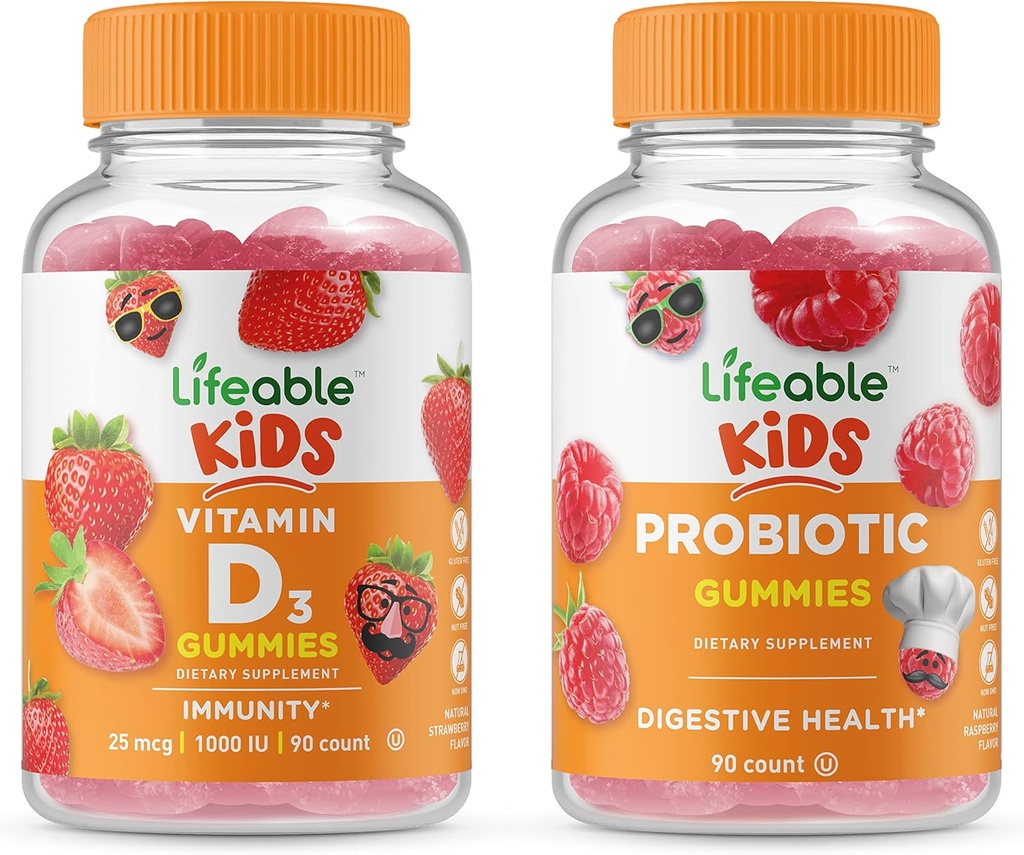 Lifeable Probiotic 2 Billion CFU Kids + Vitamin D Kids, Gummies Bundle - Great Tasting, Vitamin Supplement, Gluten Free, GMO Free, Chewable Gummy