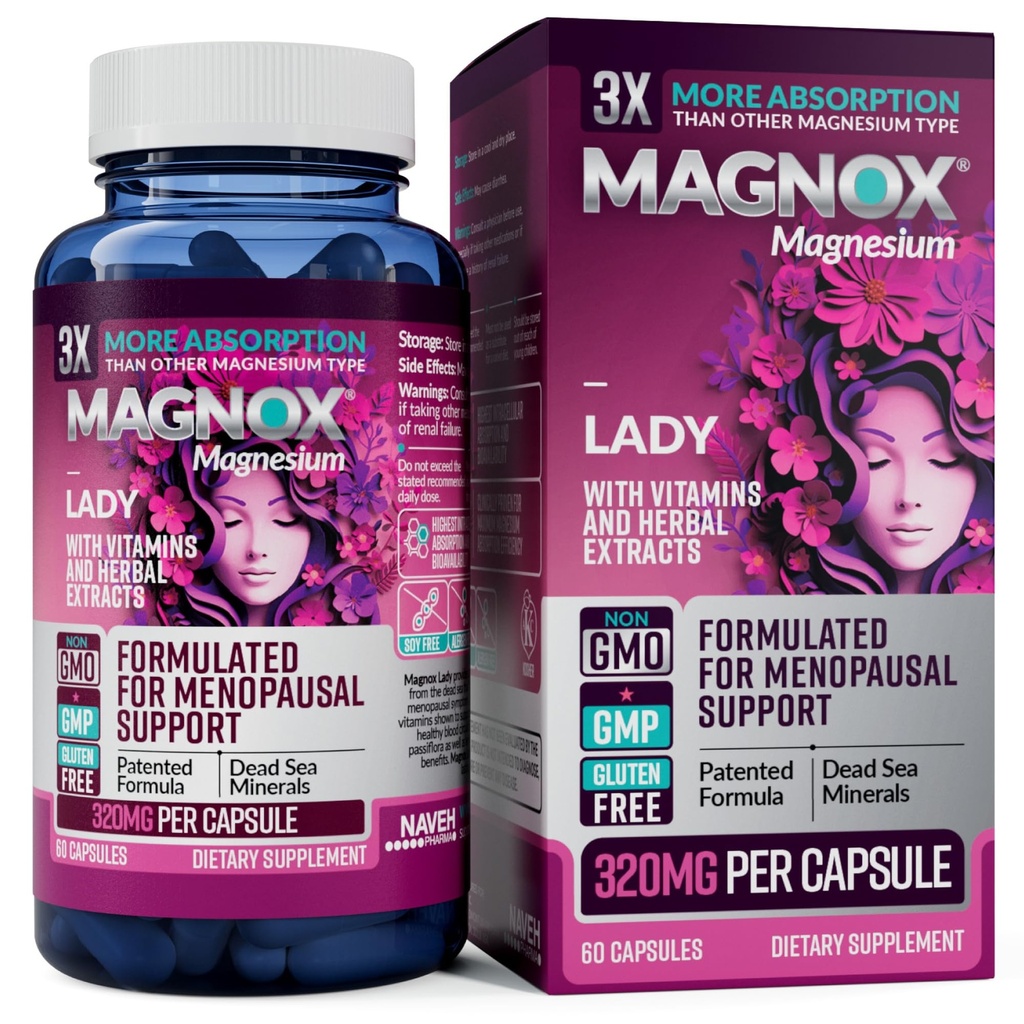 MAGNOX® Lady Magnesium Supplement | Menopause and PMS Support Supplement for Women | Magnesium Complex with Vitamins B6, B1, B12, D, Zinc | High-Absorption Dead Sea Organic Magnesium | 60 Capsules