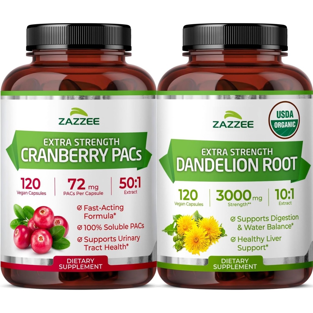 Zazzee Urinary Tract Cleanse & Support Bundle | USDA Organic Dandelion Root Extract Plus Super Concentrated Proanthocyanidin Cranberry Extract Capsules for Women | Non-GMO Vegan & ISO Lab Tested