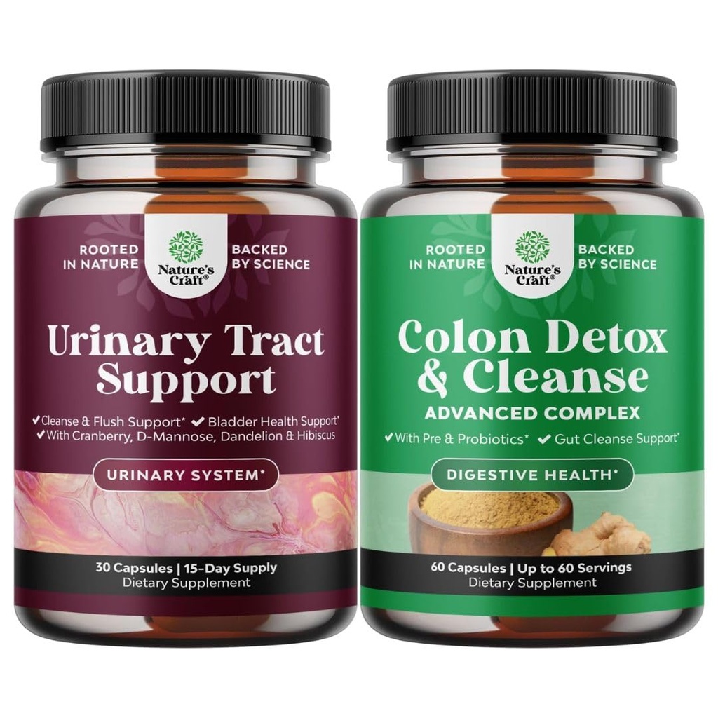 Bundle of D Mannose Capsules for Urinary Tract Health with Cranberry Juice Powder & Dandelion and Colon Cleanser & Detox - Lactobacillus Acidophilus Probiotic - Psyllium Husk Gut Health Supplement