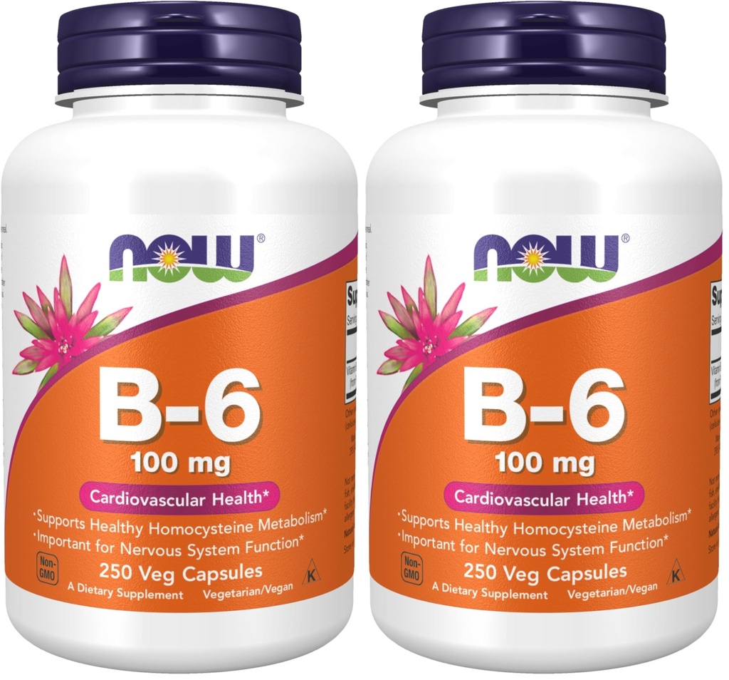 NOW Foods Supplements, Vitamin B-6 (Pyridoxine HCl) 100 mg, Cardiovascular Health, 250 Veg Capsules, (Pack of 2)
