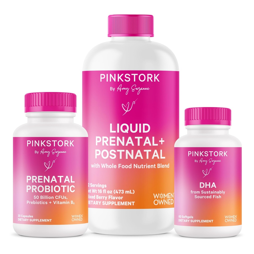 Pink Stork Liquid Prenatal Vitamin Bundle: Liquid Prenatal Vitamin with DHA and Folic Acid + Pro + DHA, Prenatal Probiotics for Women, Women-Owned