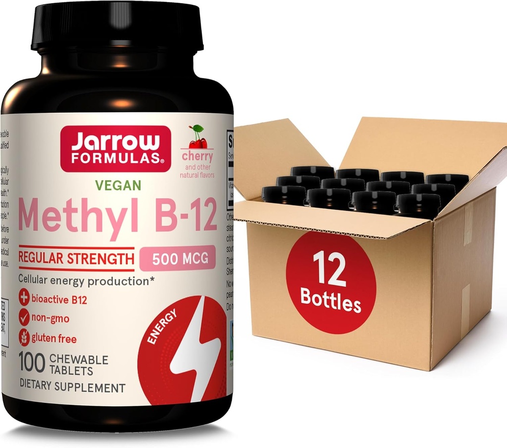 Jaarrow Formula Normaali vahvuus Metyyli B-12 500 mcg, ravintolisä solutuotanto ja aivojen terveys tuki, 100 Cherry-flavored purutabletit, 100 päivän toimitus, pakkaus 12