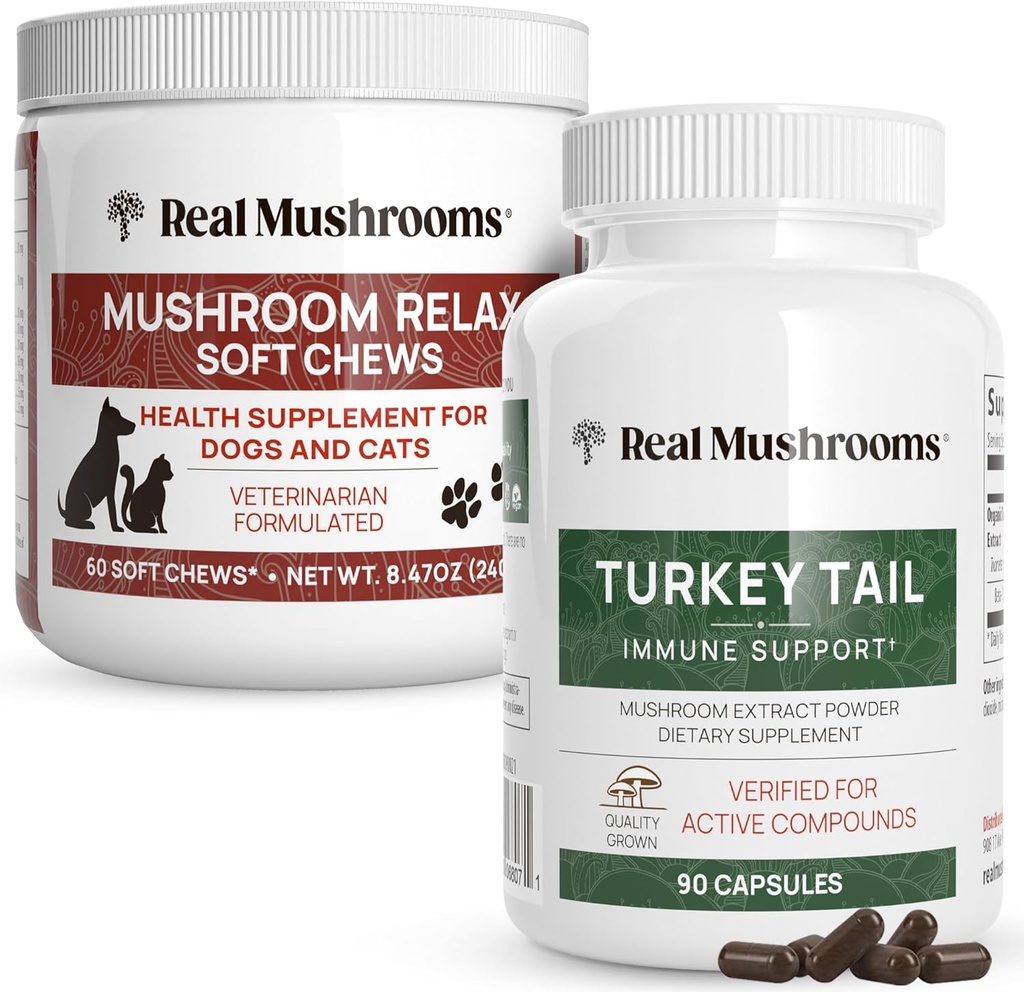 Real Mushrooms Turkey Tail for Humans (90ct) & Mushroom Pet Relax Chews (60 Chews) - Bundle for Immunity & Relaxation - Vegan, Non-GMO, Gluten-Free, Grain-Free Mushroom Extract Supplements