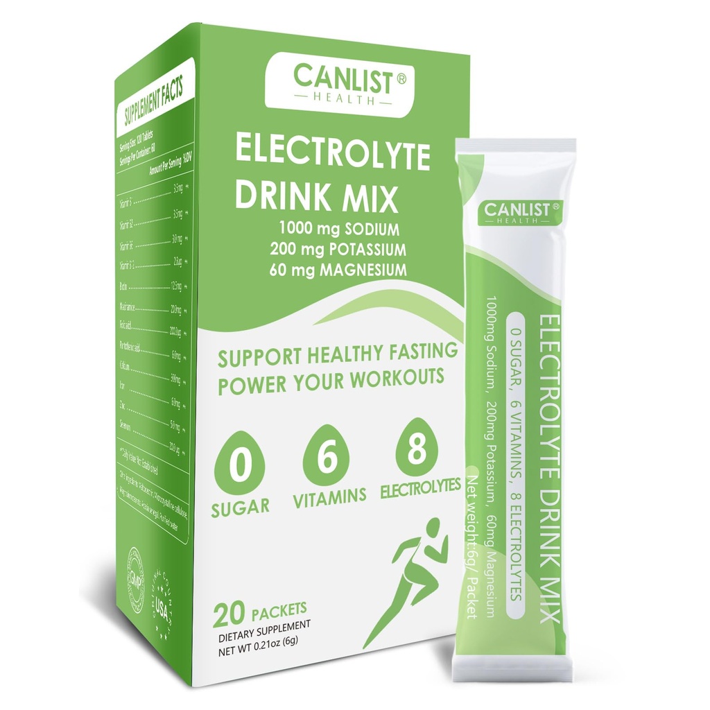 CANLIST Electrolyte Powder - Sugar Free Hydration Drink Mix with Sodium, Potassium, Magnesium - Vegan Friendly, Zero Calorie Electrolytes Supplement for Energy & Recovery (20 Stick Packets)